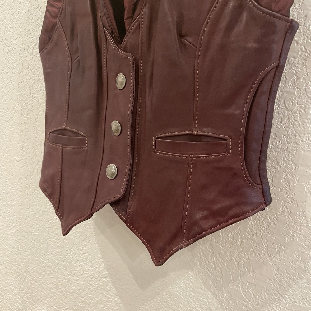 Vintage Western Leather Maroon Puffer Vest Women's XS Cowboy Ranch Boho 70's 80s - Picture 6 of 13